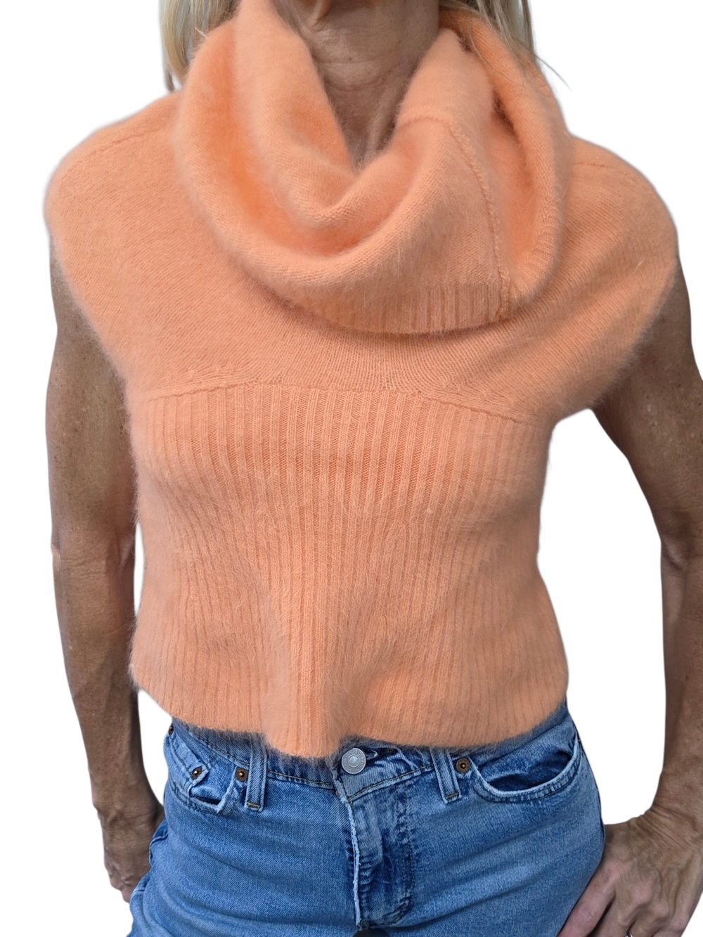 Bebe Angora Sweater XS Peach Off Shoulder Cowl Neck Fuzzy Y2K Knit Top